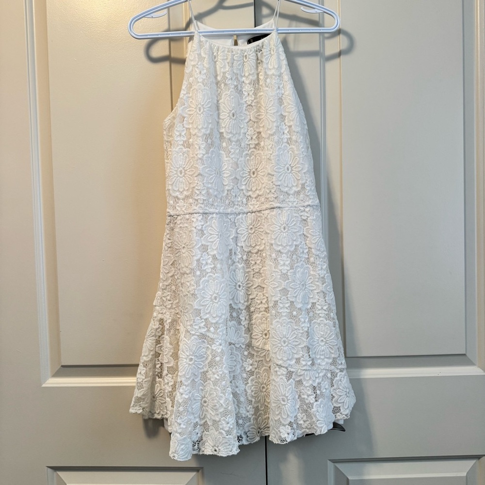 Aqua White Lace Sleeveless Halter Dress Tiered Ruffled Asymmetrical Skirt Sz L